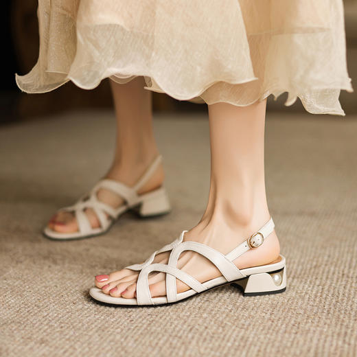 阿么手工女鞋夏季露趾罗马凉鞋百搭裙子编织休闲沙滩鞋子粗跟3CM 商品图3