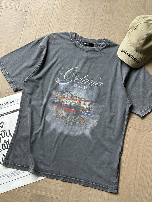 现货 THS-限时 巴黎家 情侣款 高街腔调夜景数码印花乘以染色水洗做旧T恤 QH458 商品图2