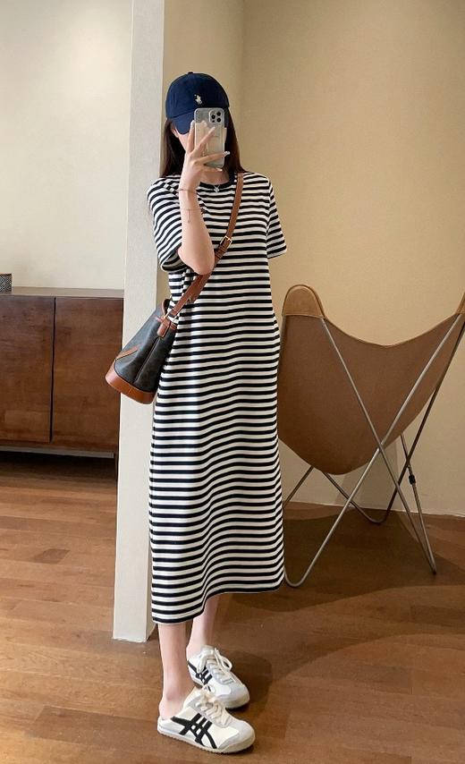 懒人BI备条纹直筒T恤裙宽松显瘦中长款短袖连衣裙 商品图10