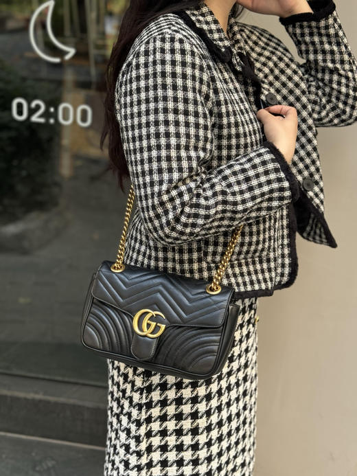 Gucci 双g 马蒙 中号 牛皮 黑金 斜挎包 商品图3