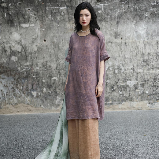 绽放女装414朵/【甜茶系列】100%苎麻脏染宽松茧型气质中袖连衣裙 商品图1