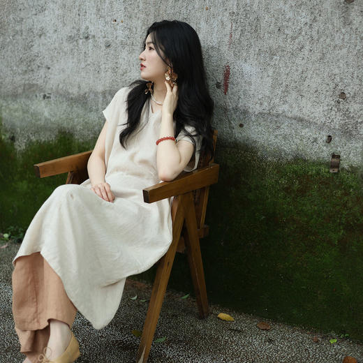 绽放旅行女装336朵/【甜茶系列】砂洗亚麻V领连肩短袖连衣裙女夏 商品图0
