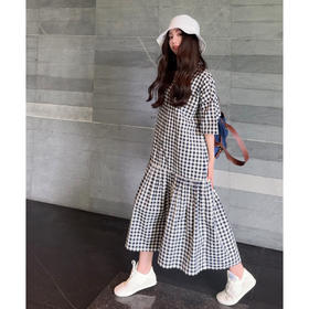 COCO ZONE 刘一一 【100棉】撞色格子翻领短袖连衣裙CD2A1220