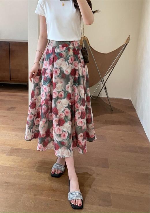 时髦洋气复古蔷薇印花伞裙高腰显瘦小A字半身裙 商品图3