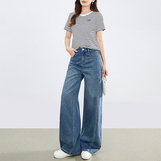 熙世界休闲分割线弯刀阔腿牛仔裤女2025春夏新款高腰宽松直筒长裤 商品图3