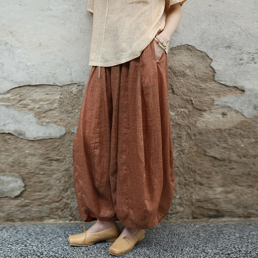 绽放女装317朵/【甜茶系列·普洱】高支苎麻炒色松紧腰灯笼休闲裤 商品图0