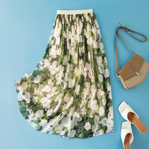 国色天香 温婉动人！复古印花真丝松紧腰半身裙a字桑蚕丝高腰裙子 商品图0