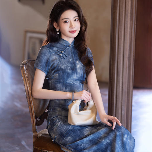 新中式国风水墨印花，高端气质蓝色显瘦旗袍JLM-6151 商品图1