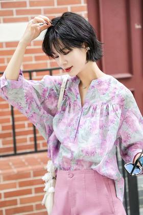 希色苎麻收褶印花上衣