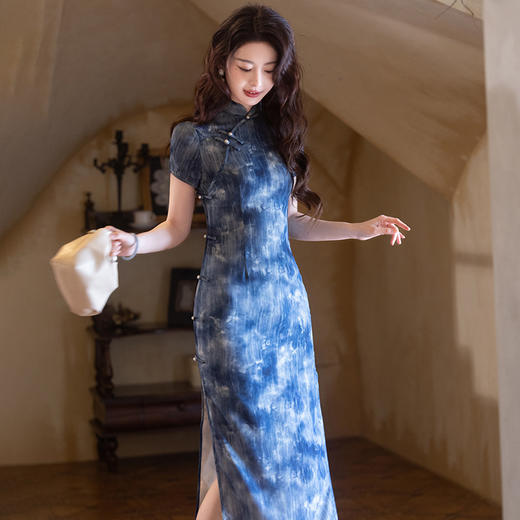 新中式国风水墨印花，高端气质蓝色显瘦旗袍JLM-6151 商品图0