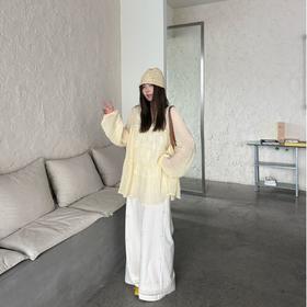 2025新品  软软同款【柔光滤镜】法式温柔甜美设计感系带V领长袖褶皱薄透上衣