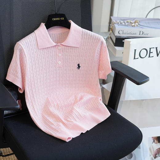 夏季薄款真丝精纺羊毛小马刺绣POLO领绞花短袖针织衫 商品图9