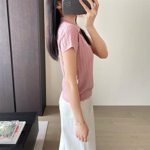 夏季薄款真丝精纺羊毛小马刺绣POLO领绞花短袖针织衫 商品图3