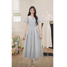 鹿向南「清新蓝语」时尚翻领女连衣裙夏季高腰显瘦a字短袖衬衫裙