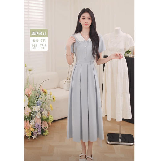 鹿向南「清新蓝语」时尚翻领女连衣裙夏季高腰显瘦a字短袖衬衫裙 商品图1