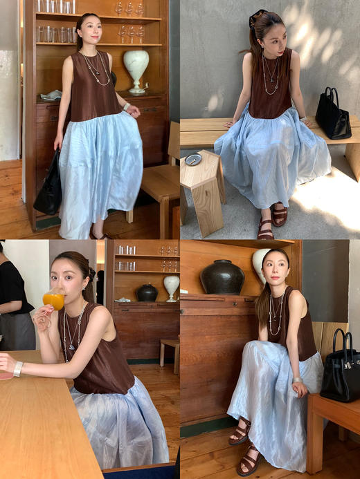 HIDEMI极简设计感圆领艺术波纹缎面拼接撞色灯笼式立体剪裁连衣裙 商品图2