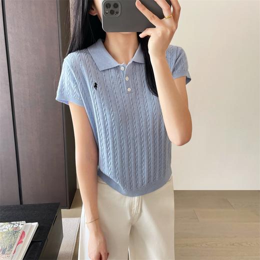 夏季薄款真丝精纺羊毛小马刺绣POLO领绞花短袖针织衫 商品图7
