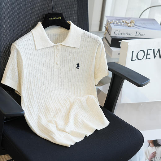 夏季薄款真丝精纺羊毛小马刺绣POLO领绞花短袖针织衫 商品图8