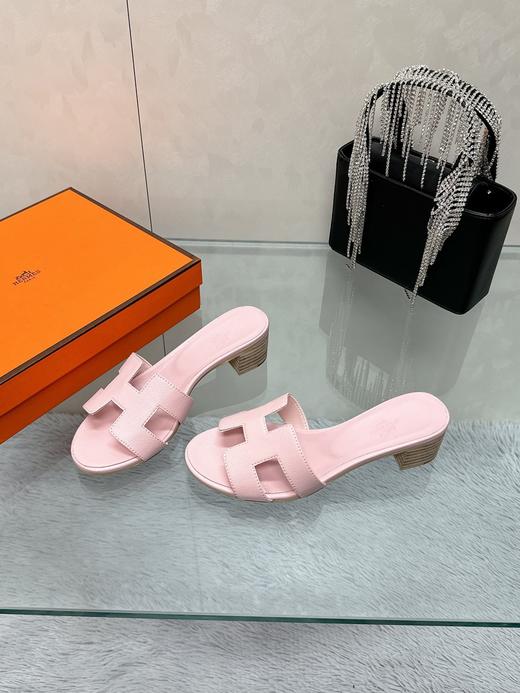 爱马仕 粉色 经典H粗跟拖鞋（HC） 商品图0