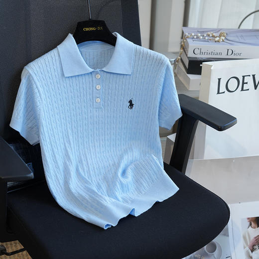 夏季薄款真丝精纺羊毛小马刺绣POLO领绞花短袖针织衫 商品图10