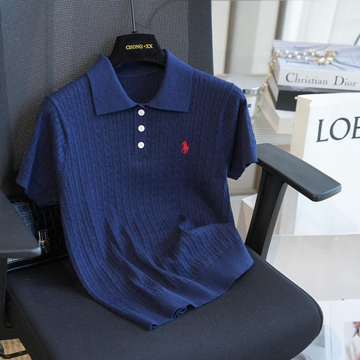 夏季薄款真丝精纺羊毛小马刺绣POLO领绞花短袖针织衫 商品图11