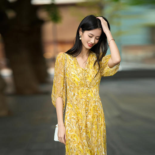 丁摩 真丝连衣裙中长裙春夏新品女装气质显瘦显高桑蚕丝裙5ZF-90482 商品图3