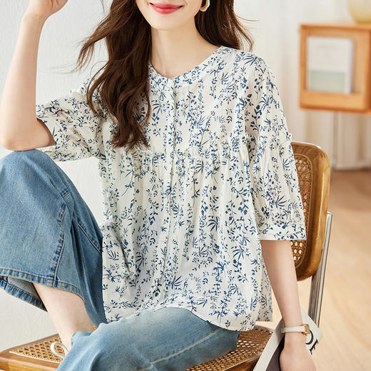 百媚生 纯棉青花瓷小碎花短袖衬衫女35085 商品图1