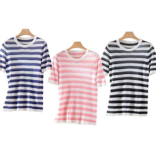 百媚生 天丝桑蚕丝拼色条纹T恤YS004 商品图4