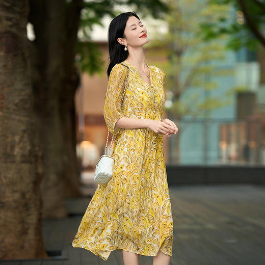 丁摩 真丝连衣裙中长裙春夏新品女装气质显瘦显高桑蚕丝裙5ZF-90482 商品图0
