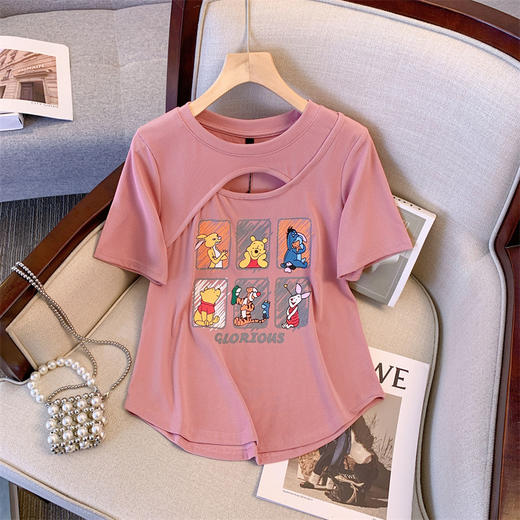 丁摩 大码女装夏季新款正肩短袖t恤女胖mm遮肉显瘦镂空设计感上衣5ZF-D18 商品图2