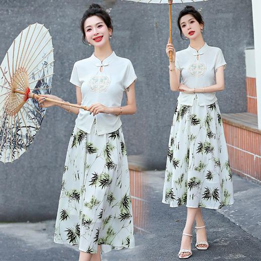 时尚潮流气质清新，复古盘扣款两件套套裙HMQY5318 商品图1