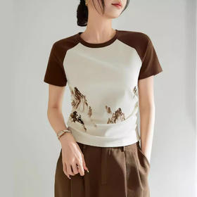 百媚生 棉质国风水墨画插肩袖圆领褶皱修身短袖t恤1375