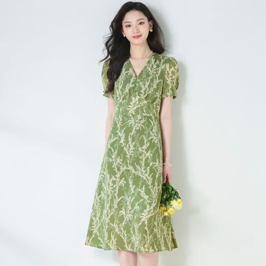 牛油果绿雪纺印花，茶歇裙V领优雅气质收腰显瘦连衣裙SH-15632 商品图2