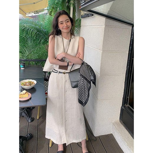 丁摩 高级感亚麻圆领无袖上衣女夏季新显瘦中长款a字裙两件套装5ZF-7492 商品图1