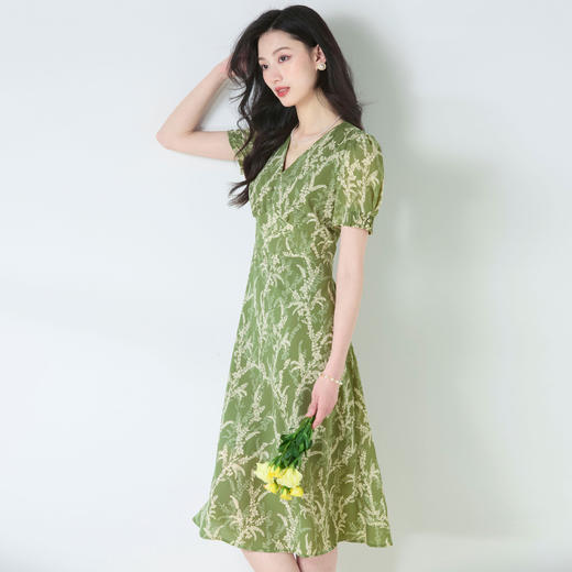 牛油果绿雪纺印花，茶歇裙V领优雅气质收腰显瘦连衣裙SH-15632 商品图1