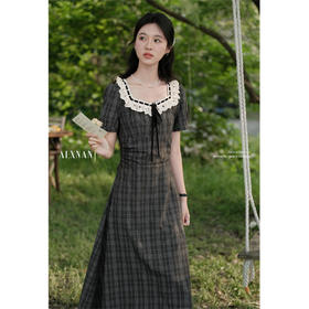 鹿向南「盛夏来信」深灰色格纹蕾丝长裙女夏新收腰优雅短袖连衣裙