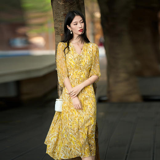 丁摩 真丝连衣裙中长裙春夏新品女装气质显瘦显高桑蚕丝裙5ZF-90482 商品图2