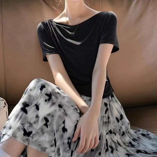 垂感轻薄顺滑亮丝醋酸，设计感抽褶显瘦短袖T恤SH- 22456 商品图2