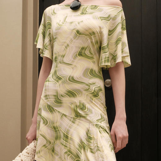 lost in echo2025夏季新款度假不对称露肩荷叶袖透气针织连衣裙女 商品图3