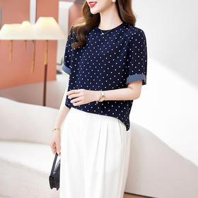 丁摩 真丝波点圆领设计感夏正肩短袖T恤9679