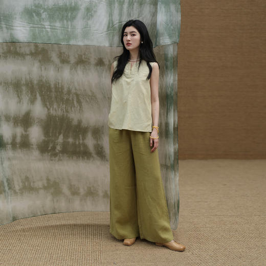 绽放310朵/【甜茶系列】采茶裤亚麻全松紧腰系带毛边装饰微喇长裤 商品图1