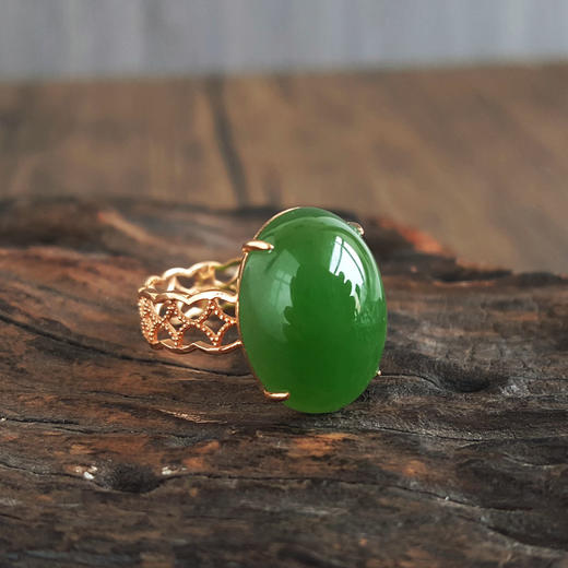 【天然正品】AU750玫瑰金镶天然菠菜绿无黑点蛋面和田玉碧玉戒指15号（戒圈可改）女士现售价：2780！280325AH51 商品图3