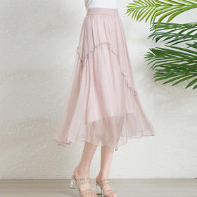 丁摩 真丝简约中长款网纱裙松紧腰桑蚕丝半身裙75670