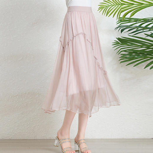 丁摩 真丝简约中长款网纱裙松紧腰桑蚕丝半身裙75670 商品图0