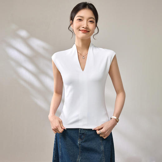 百媚生 棉质气质v领无袖t恤女16851 商品图1