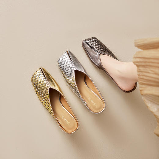 【预售5天】精致外穿拖鞋包头编织牛皮夏季金色宴会高跟鞋凉拖MBJR&6919 商品图4