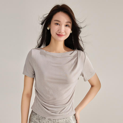 垂感轻薄顺滑亮丝醋酸，设计感抽褶显瘦短袖T恤SH- 22456 商品图1