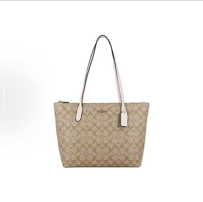 COACH Zip Top Tote 30  白色配棕色老花