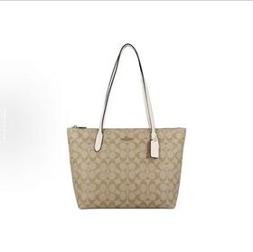 COACH Zip Top Tote 30  白色配棕色老花