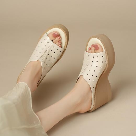 【预售5天】小个子真皮镂空厚底坡跟凉拖鞋，外穿松糕底高跟一字拖GP&A02 商品图2